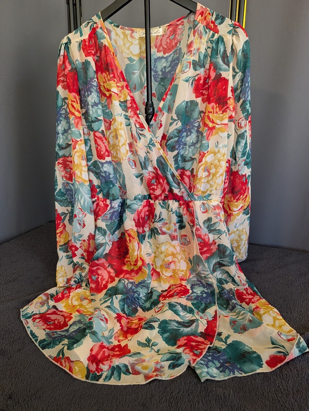 Liberty Love Floral Wrap Dress in Cream with Red, Yellow & Teal Blooms Xl